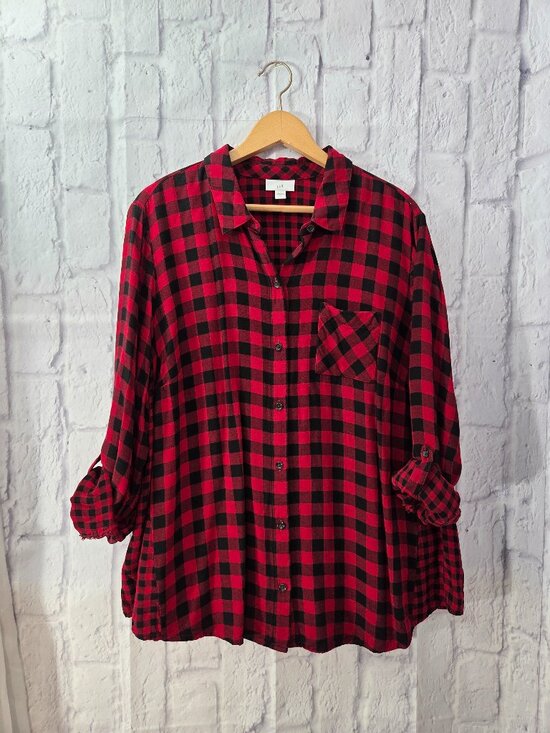 J. Jill Tops - J.Jill Extra Large Red Black Plaid Roll Tab Longsleeve Fall Casual Shirt
